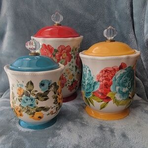 The Pioneer Woman Floral Canister Trio with Red, Turquoise, and Yellow Lids